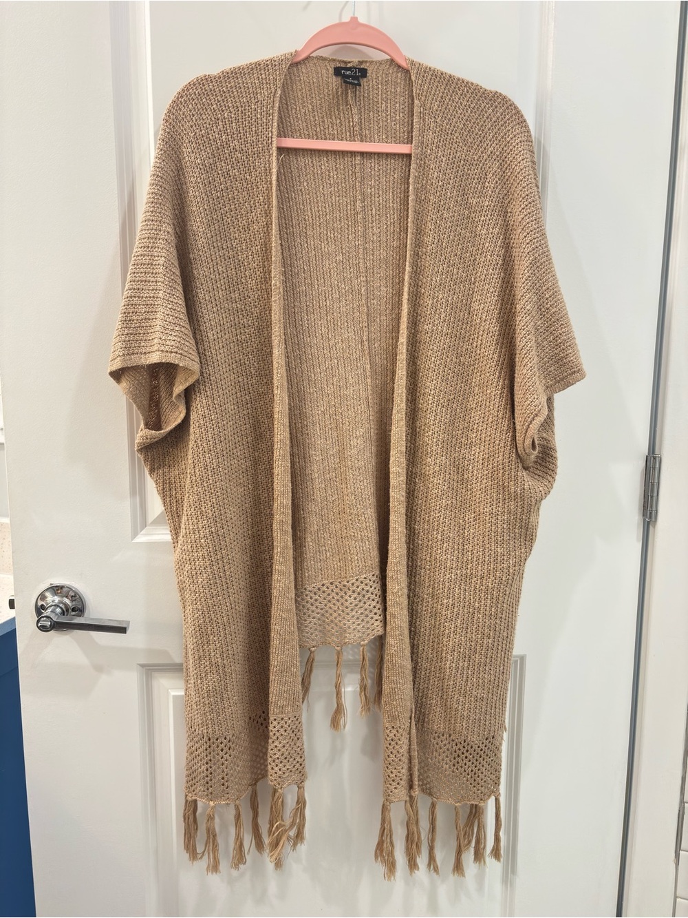 Tan Open-Front Fringe Knit Cardigan